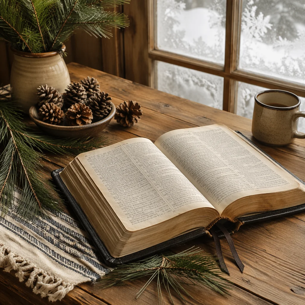 Open Bible with Evergreen Winter Still Life