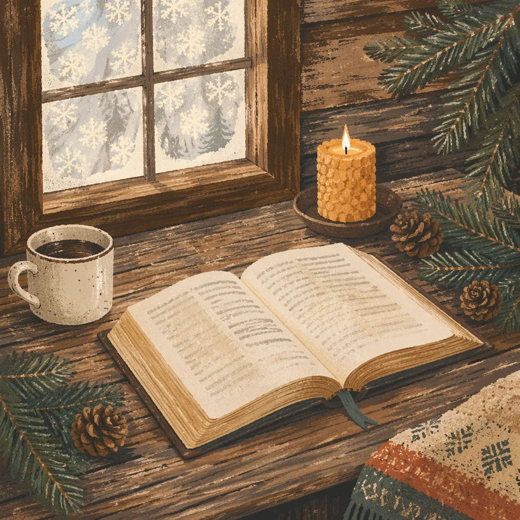 Open Bible with Evergreen on Table
