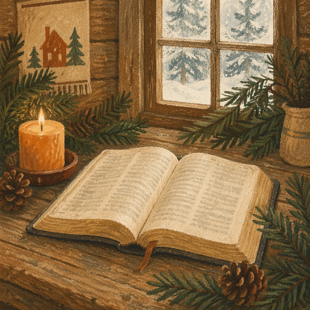 Open Bible with Evergreen Cabin Candle