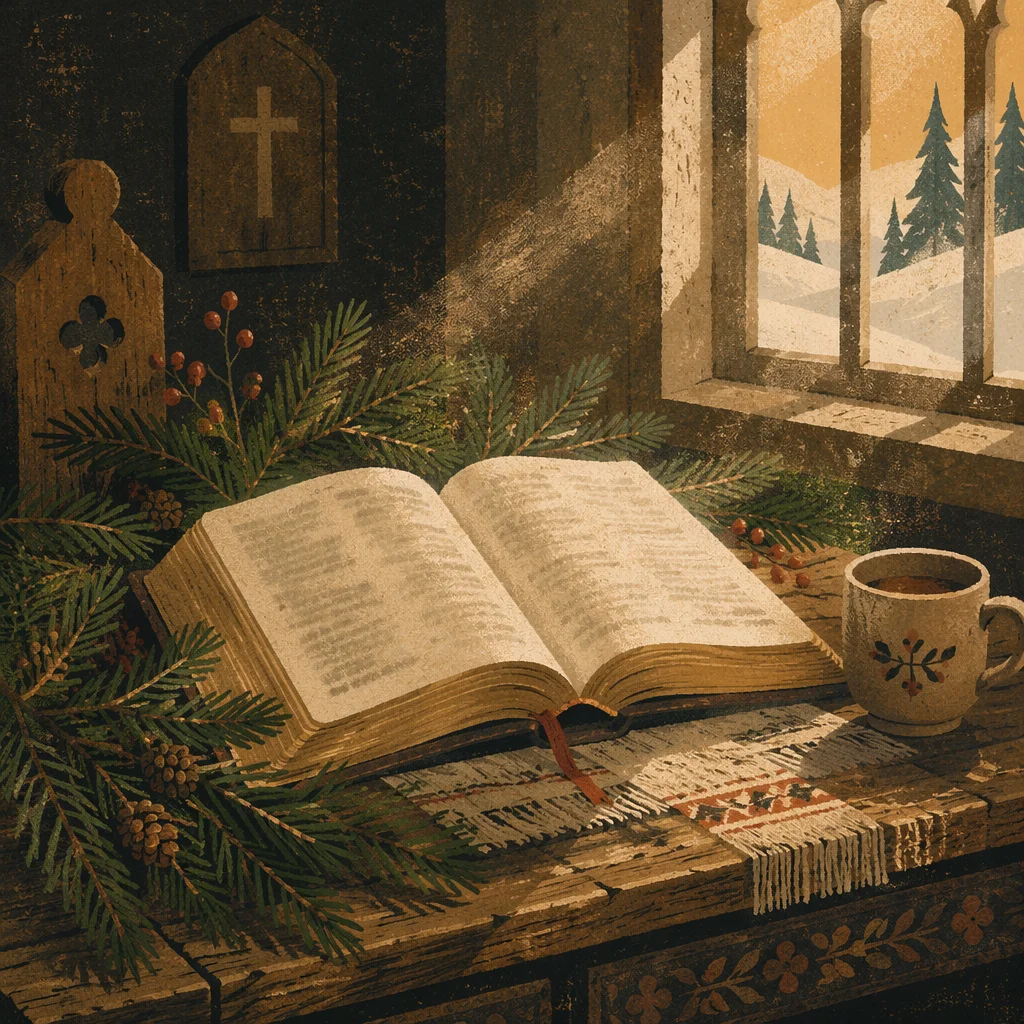 Open Bible with Evergreen Chapel Light