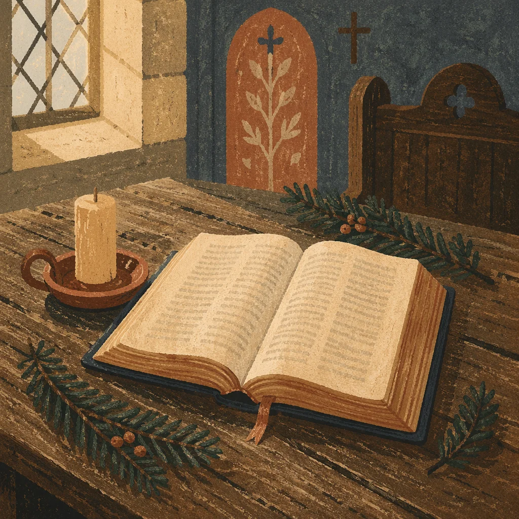 Open Bible With Evergreen in Historic Chapel