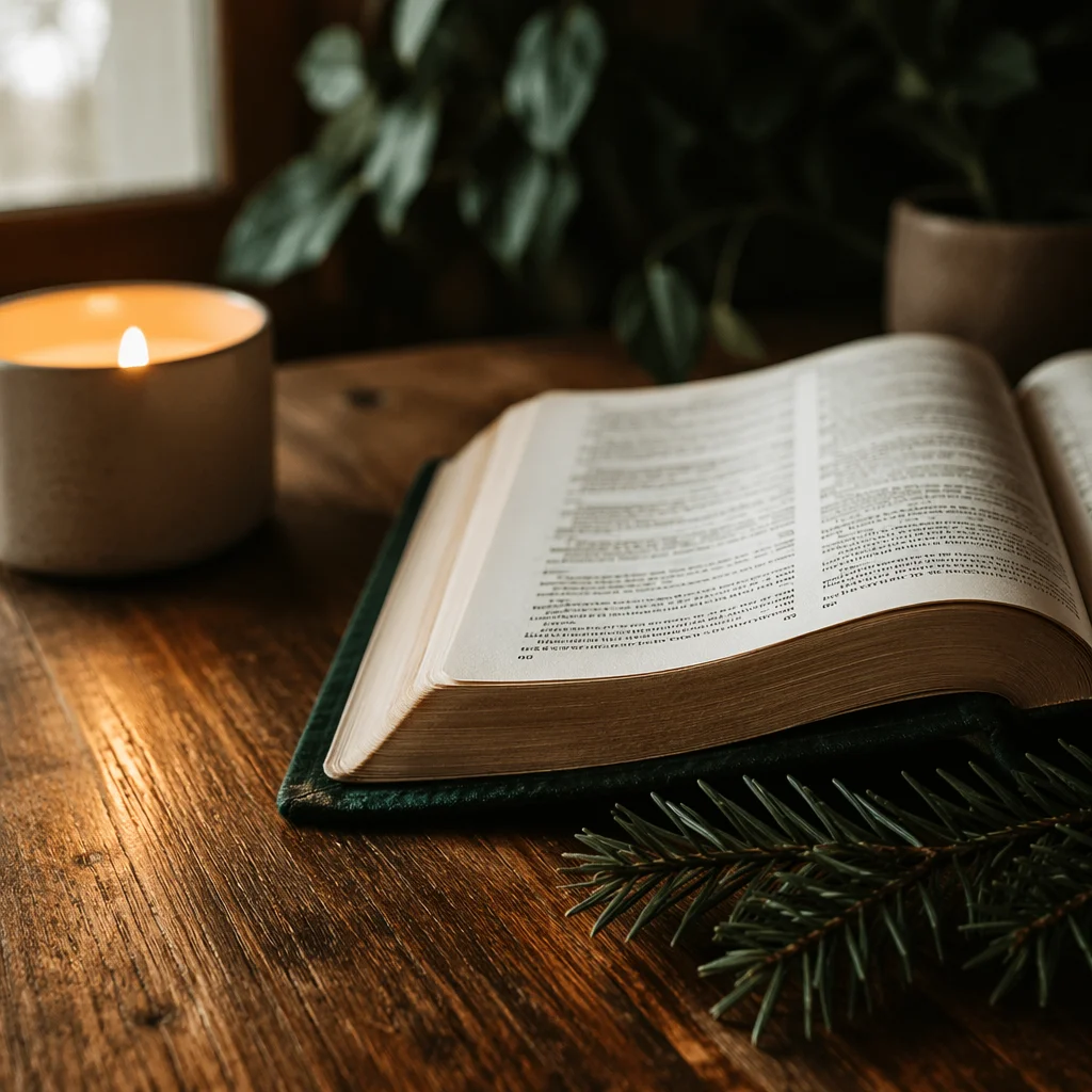 Open Bible with Evergreen Sprig on Wooden Table