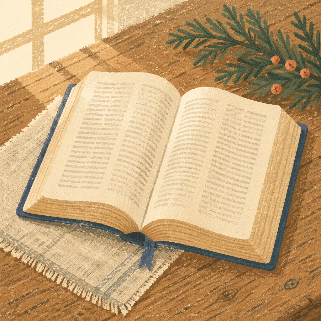 Open Bible on Rustic Wooden Table