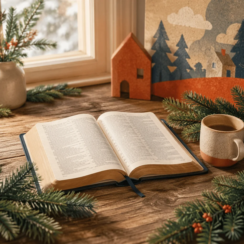 Open Bible with Evergreen Morning Devotion