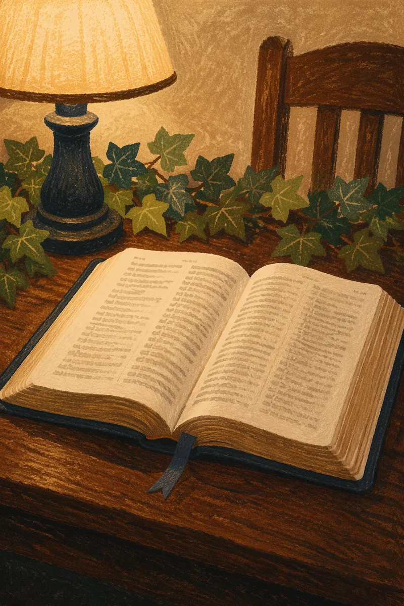 Open Bible with Evergreen Ivy and Lamplight