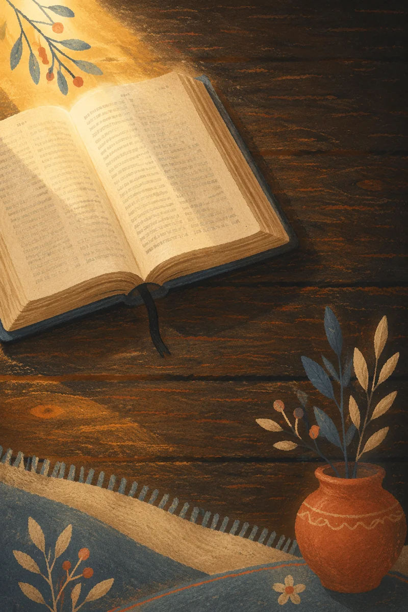 Open Bible on Rustic Wooden Table