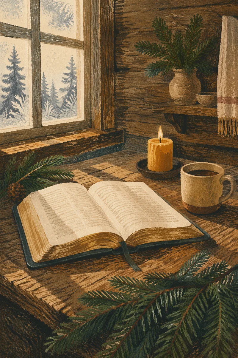 Open Bible with Evergreen Morning Devotion