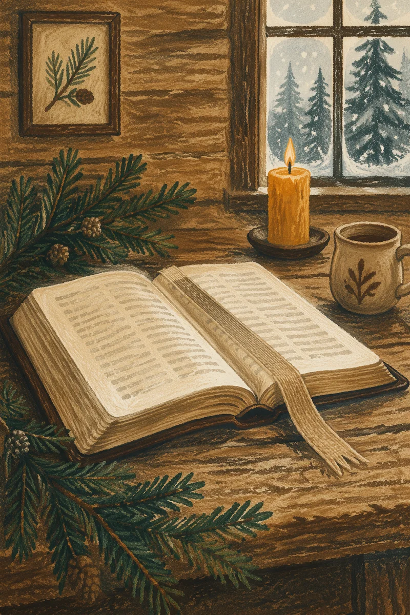 Open Bible with Evergreen Morning Light