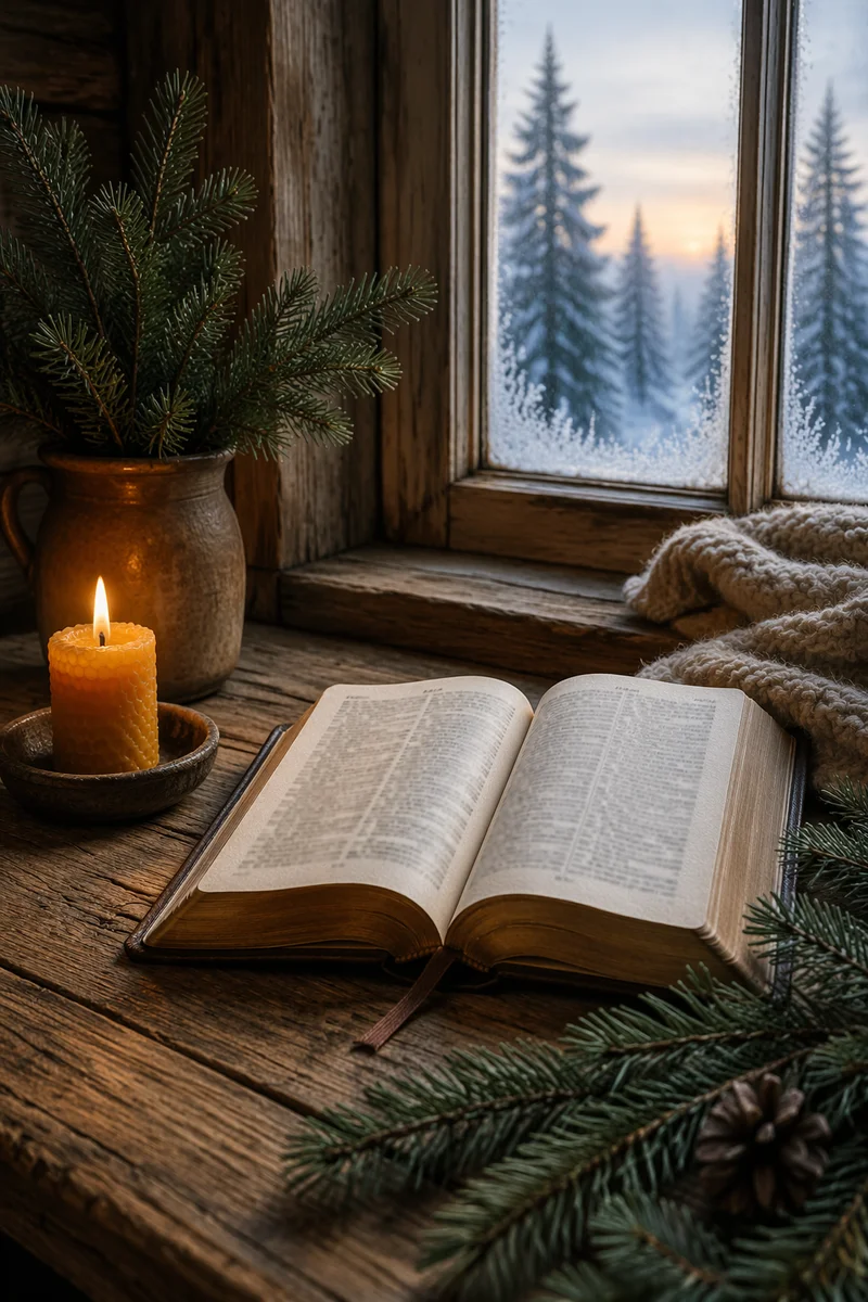 Open Bible with Evergreen Candle at Dawn