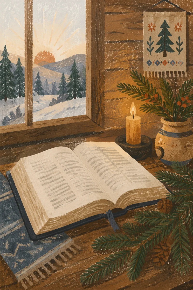 Open Bible with Evergreen and Candle