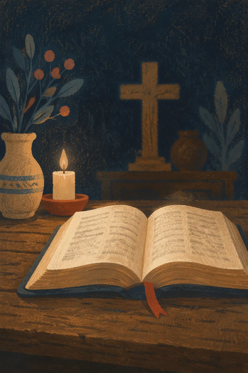 Open Bible on Rustic Wooden Table
