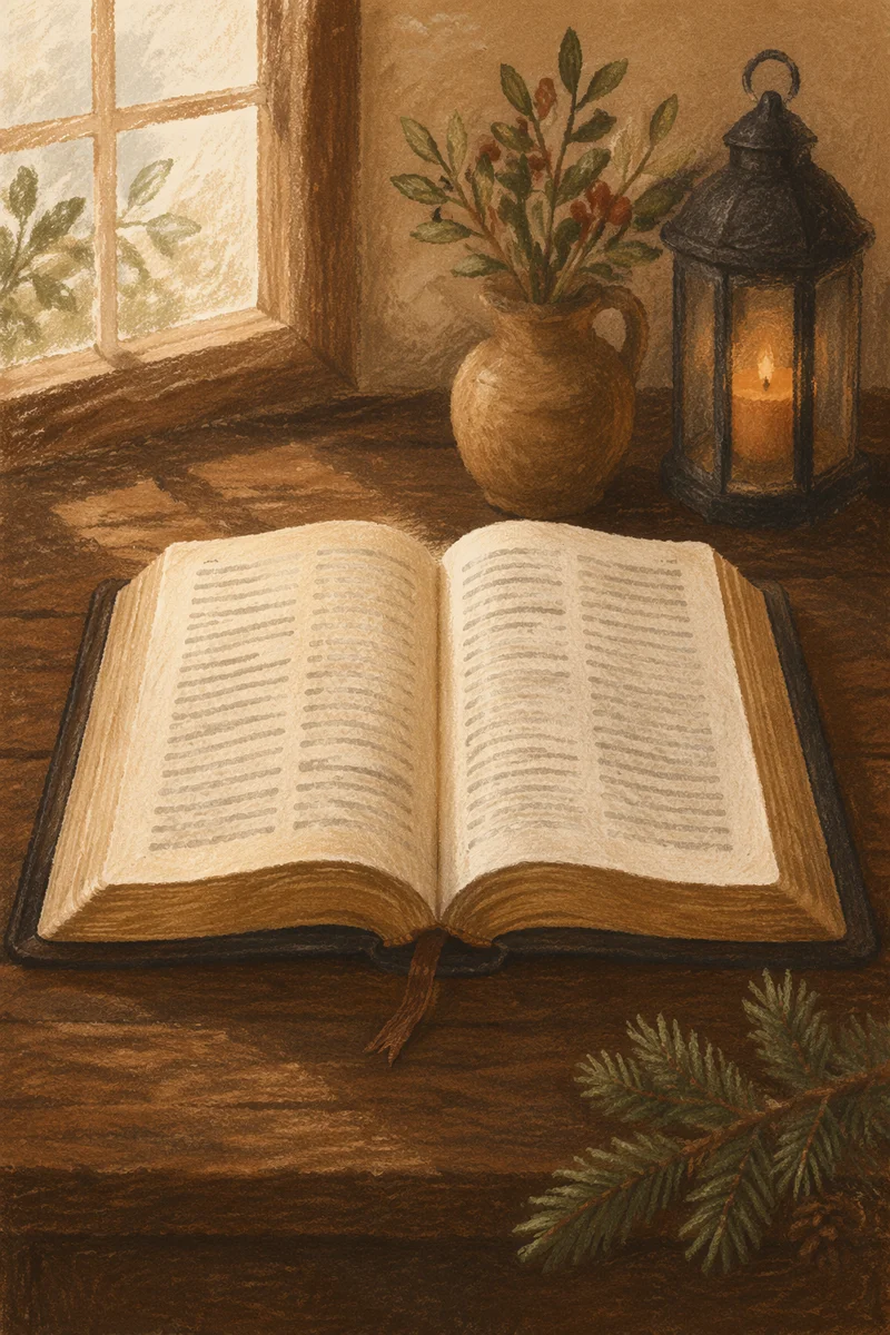 Open Bible on Warm Wooden Table