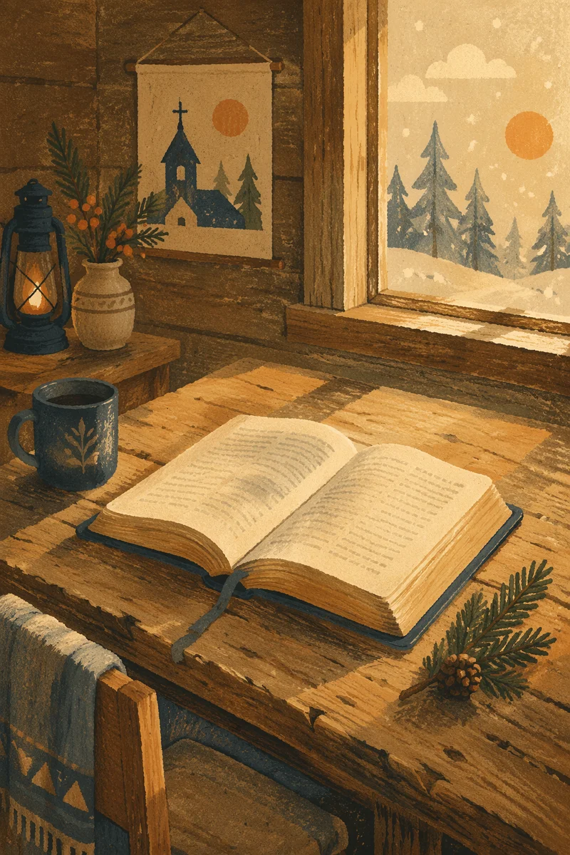 Open Bible with Evergreen on Rustic Table