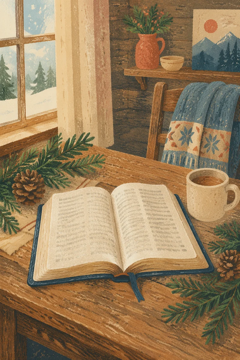 Open Bible with Evergreen Winter Devotion