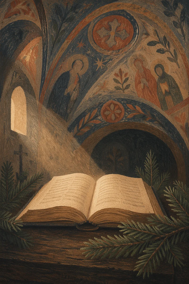 Open Bible with Evergreen in Rustic Chapel
