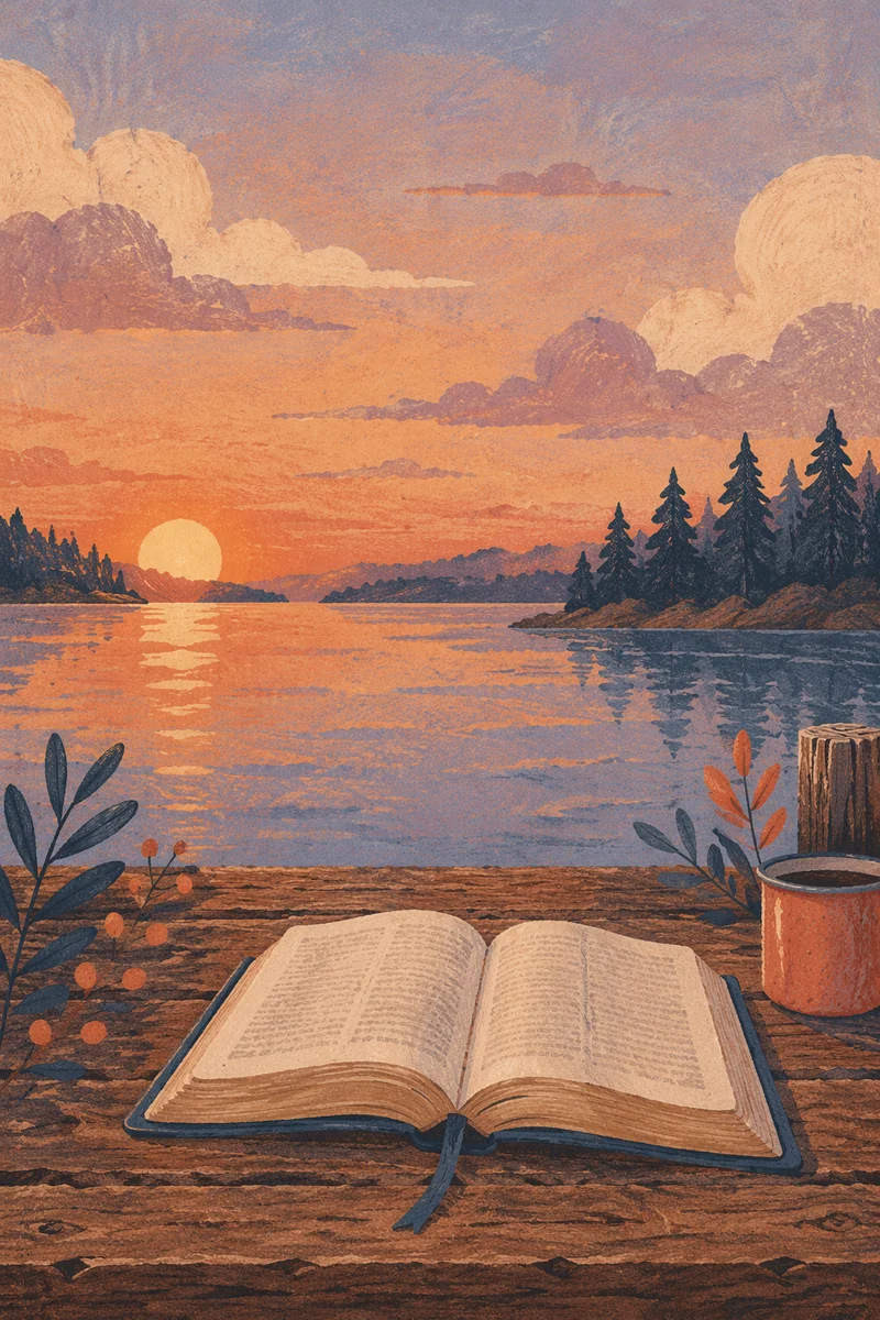Open Bible at Sunset by the Lake