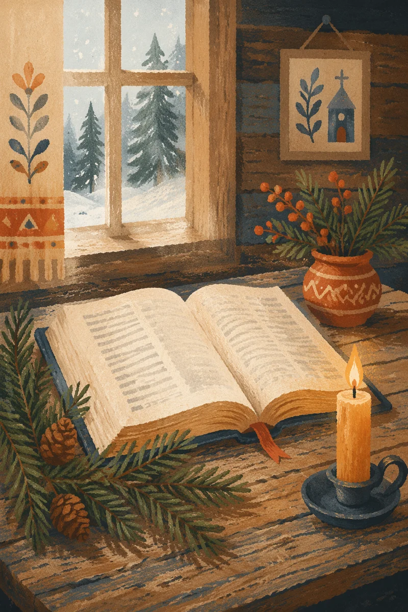 Open Bible with Evergreen in Rustic Cabin
