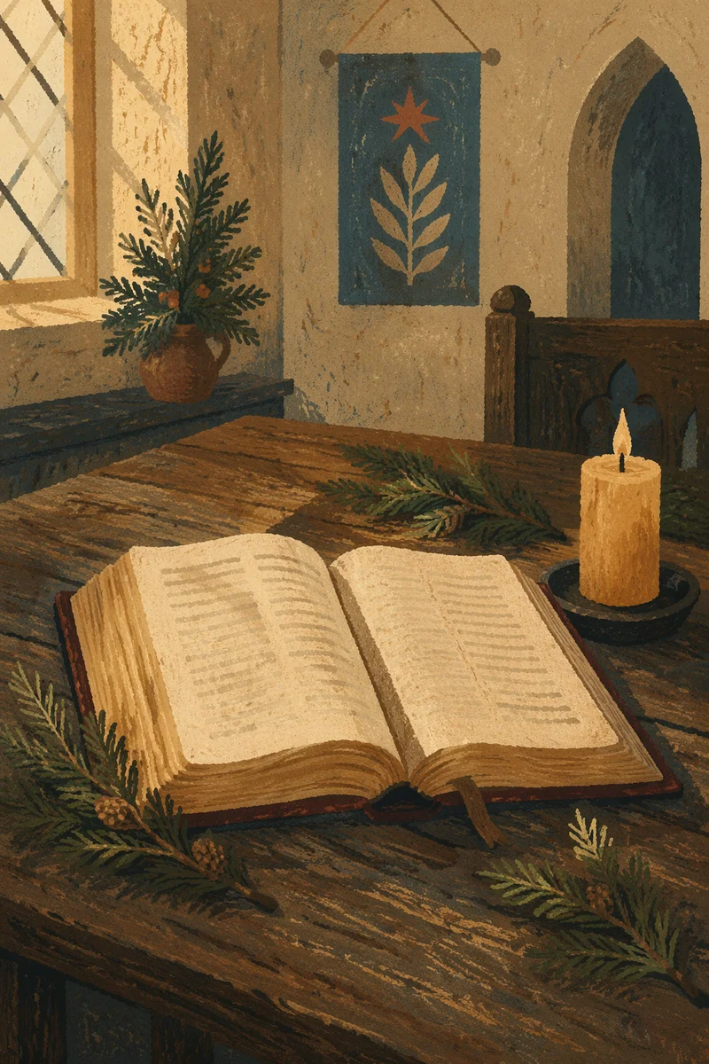 Open Bible with Evergreen Chapel Candle