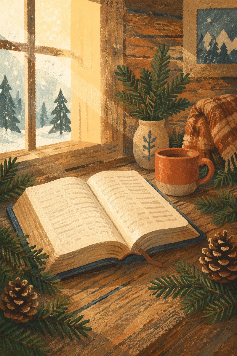 Open Bible with Evergreen Morning Light