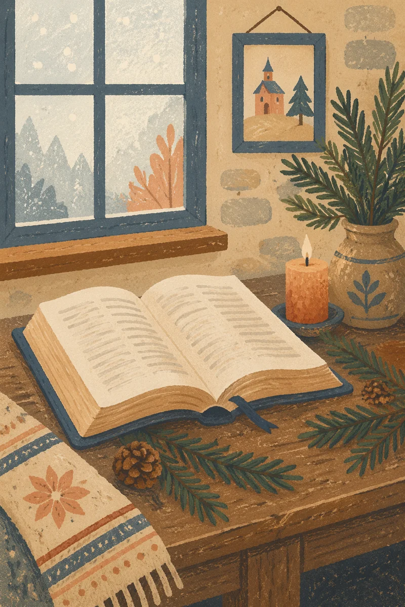 Open Bible with Evergreen Candlelight