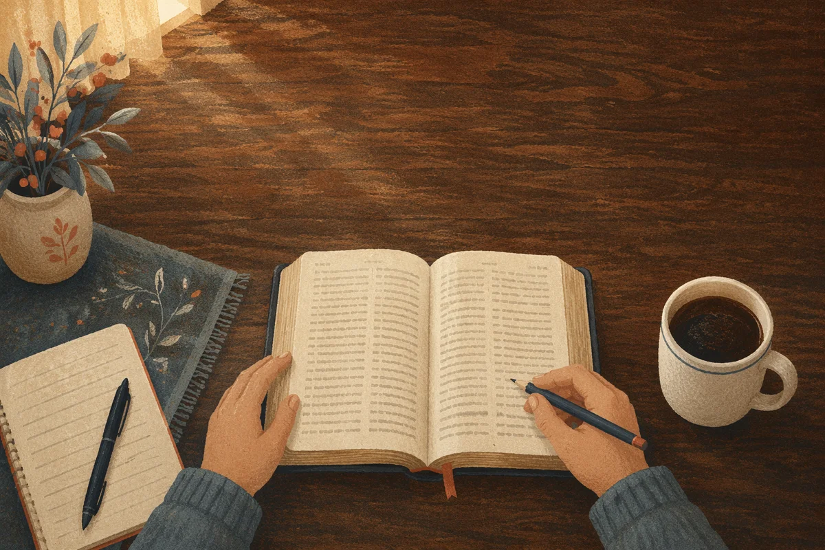 Open Bible Study on Walnut Table