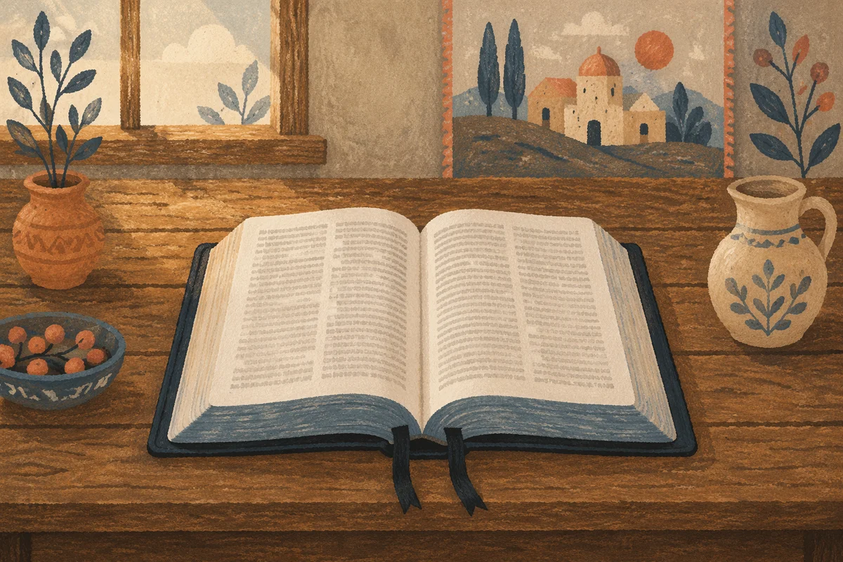 Open Bible on Rustic Wooden Table