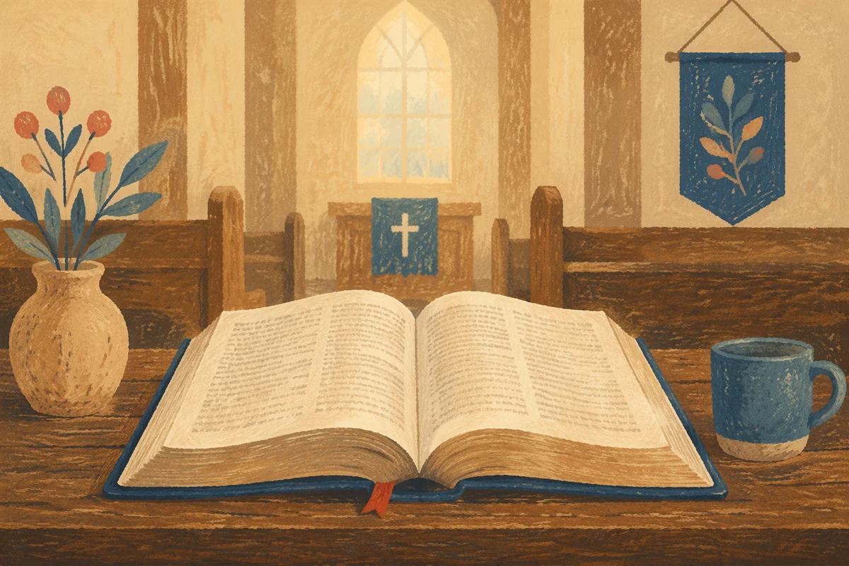Open Bible on Rustic Chapel Table