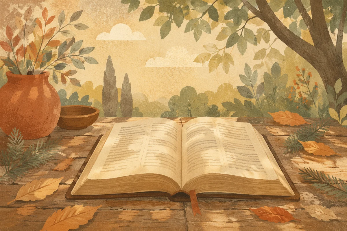 Open Bible on Rustic Wooden Table