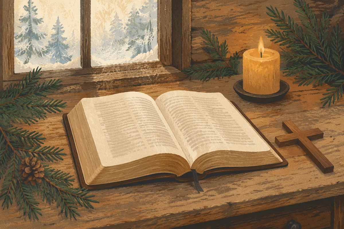 Open Bible with Evergreen and Candlelight