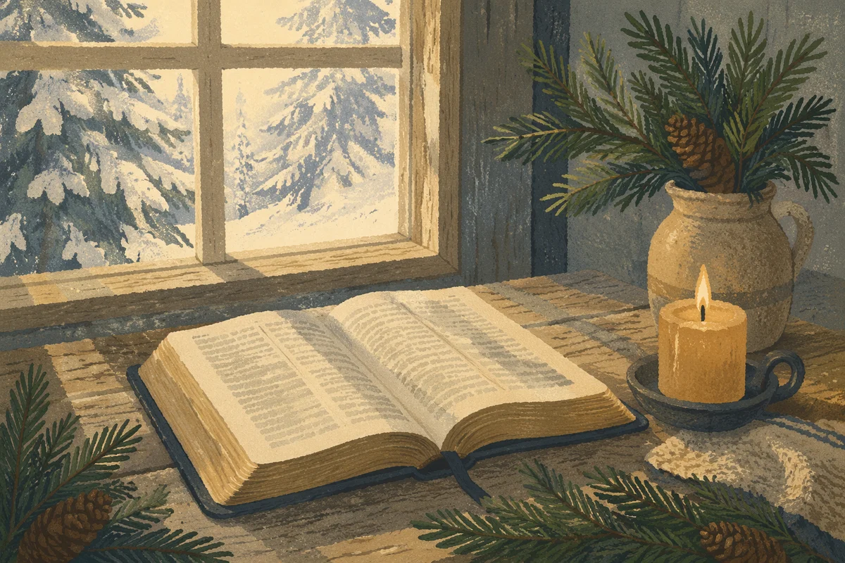 Open Bible with Evergreen and Candle