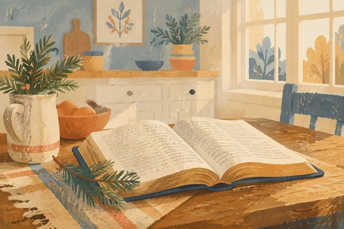 Open Bible with Evergreen on Rustic Table