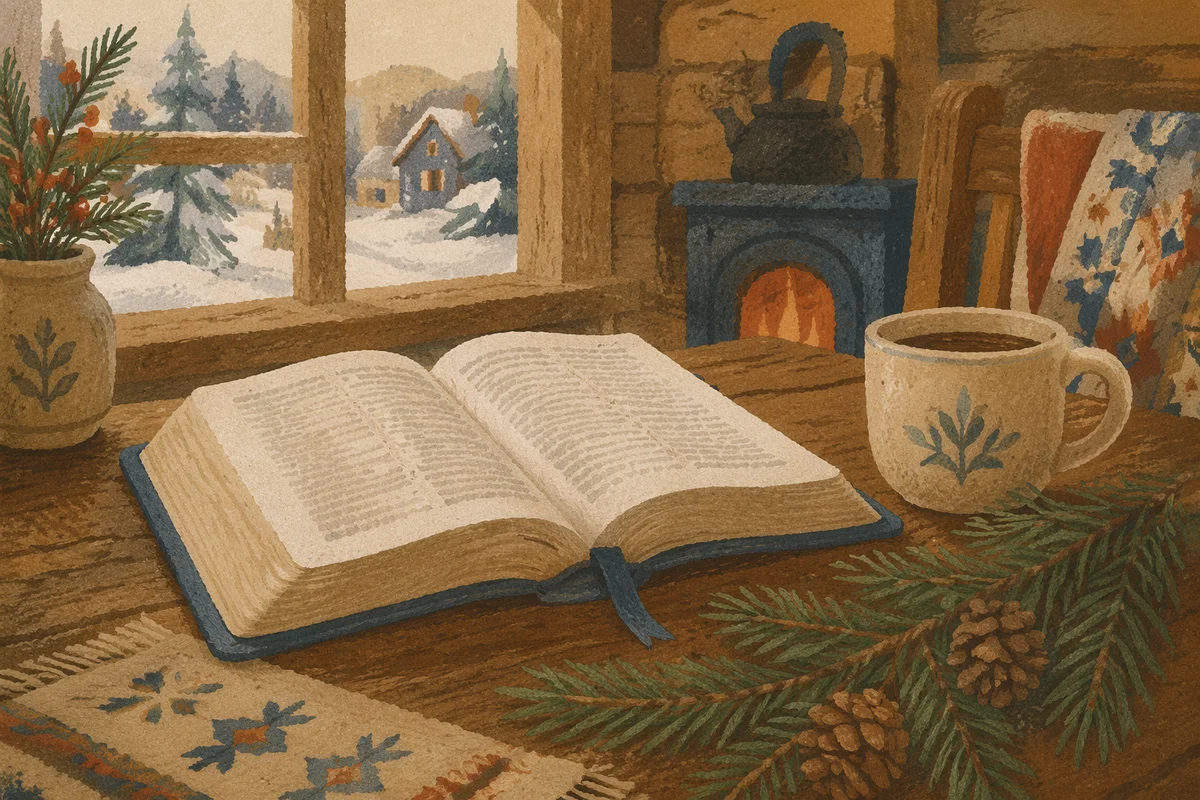 Open Bible with Evergreen Winter Morning
