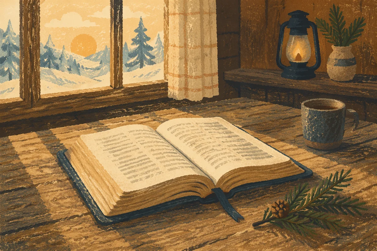 Open Bible with Evergreen on Wooden Table