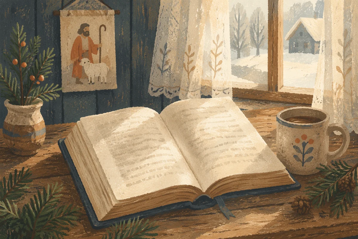 Open Bible with Evergreen Winter Light