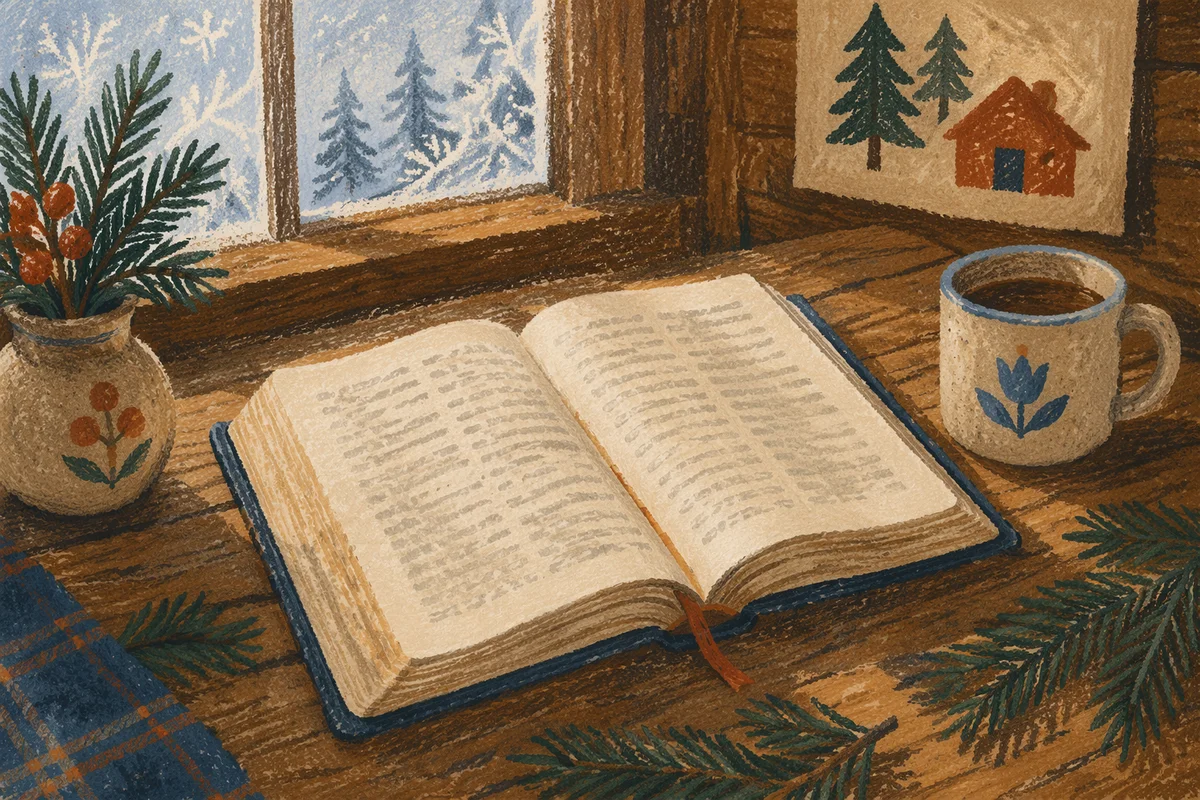 Open Bible with Evergreen Cabin Morning