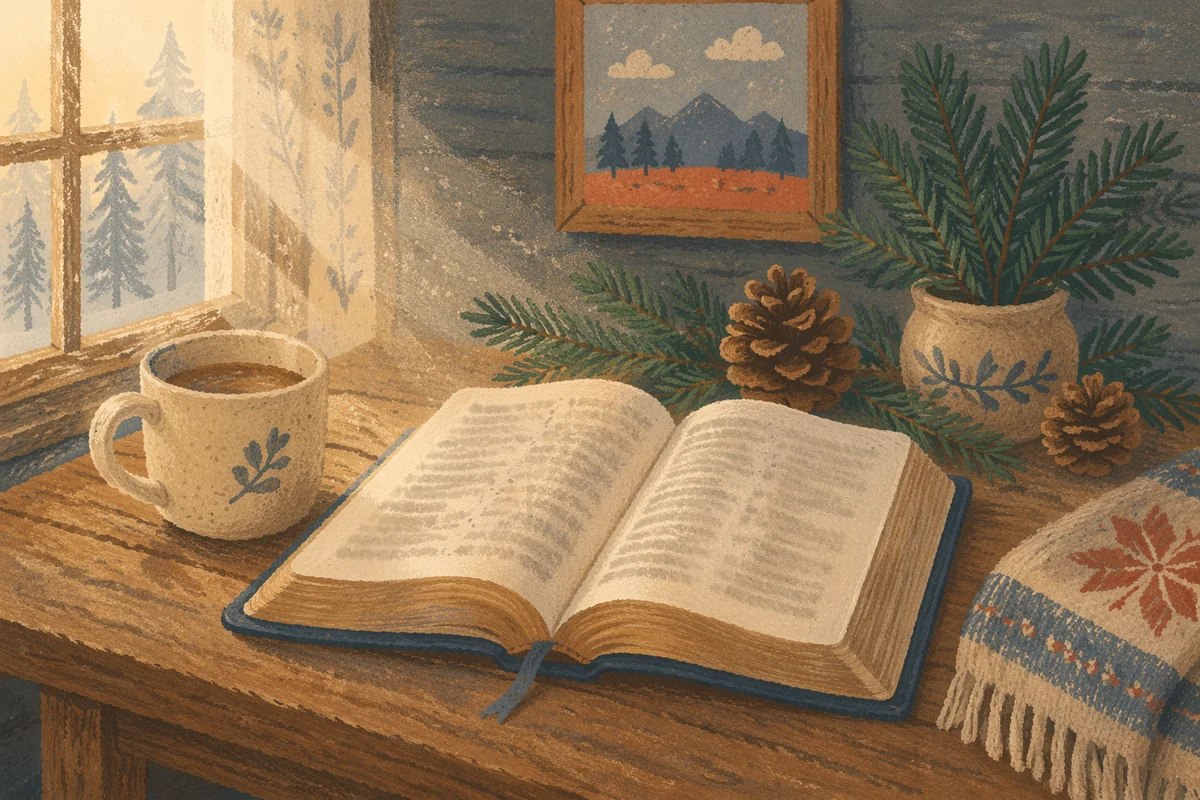 Open Bible with Evergreen Winter Devotion