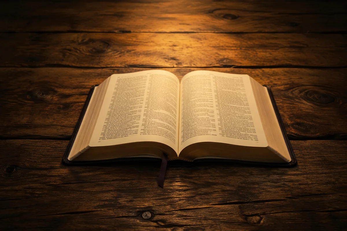 Open Bible on Rustic Wooden Table