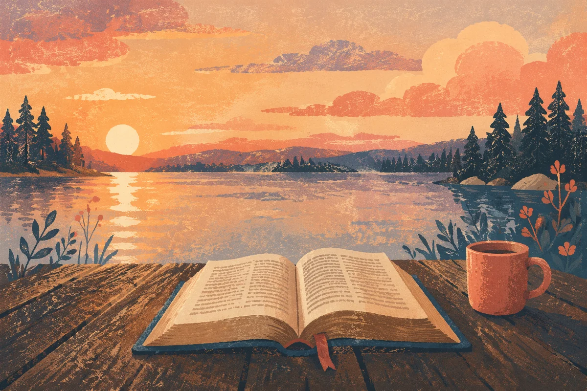 Open Bible by Lakeside Sunset Table