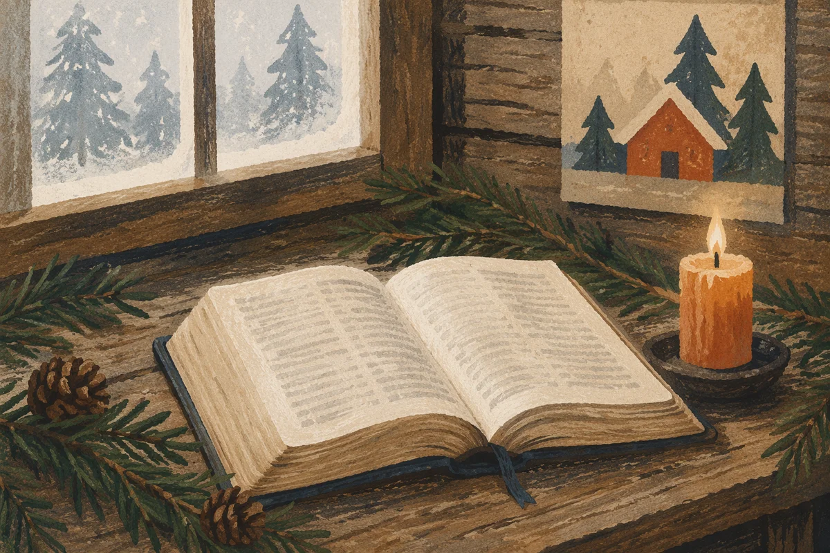 Open Bible with Evergreen Cabin Candlelight