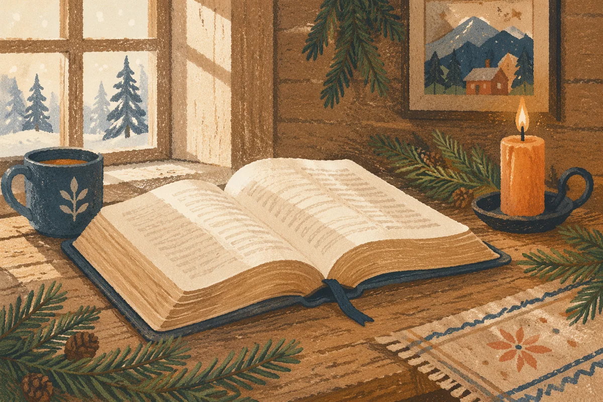 Open Bible with Evergreen and Candle