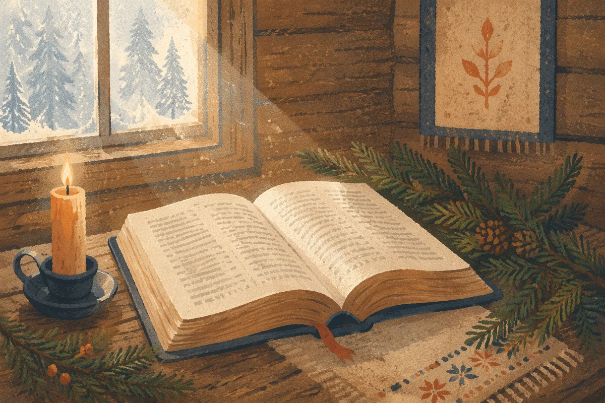 Open Bible with Evergreen in Rustic Cabin