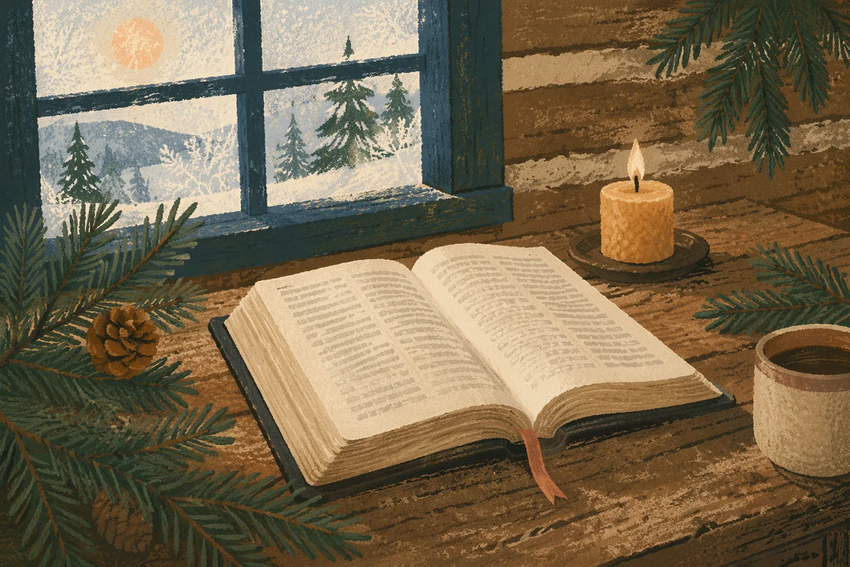 Open Bible with Evergreen Cabin Morning