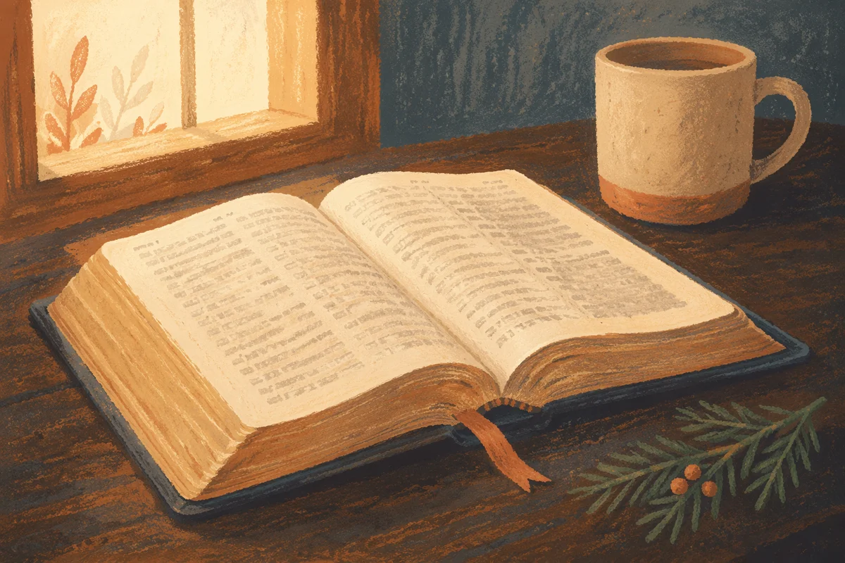 Open Bible With Evergreen Sprig