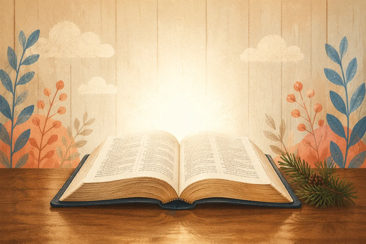 Open Bible with Evergreen Sprig on Wood