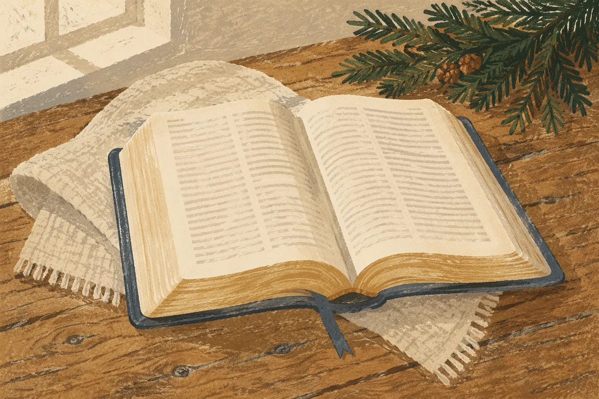 Open Bible on Rustic Wooden Table