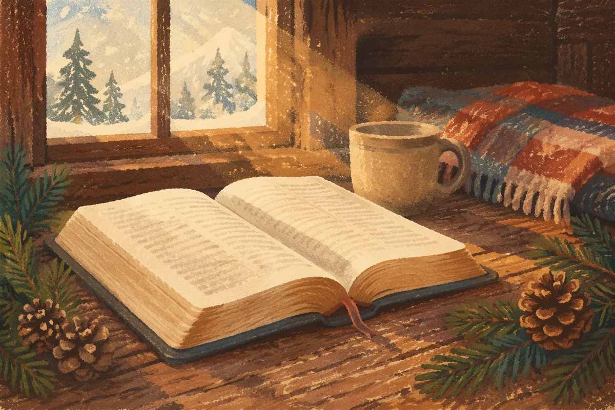 Open Bible with Evergreen on Rustic Table