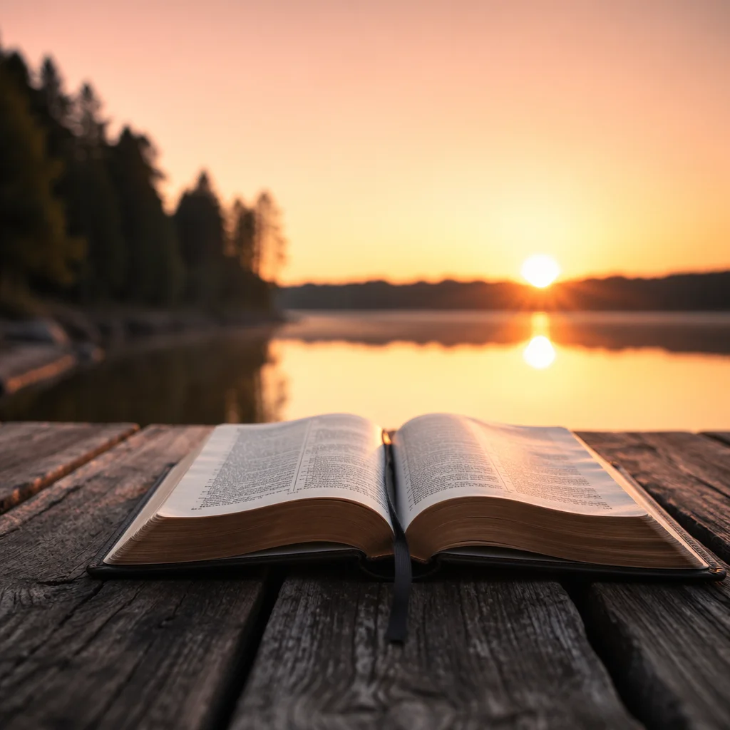 Open Bible by a Lakeside Sunset