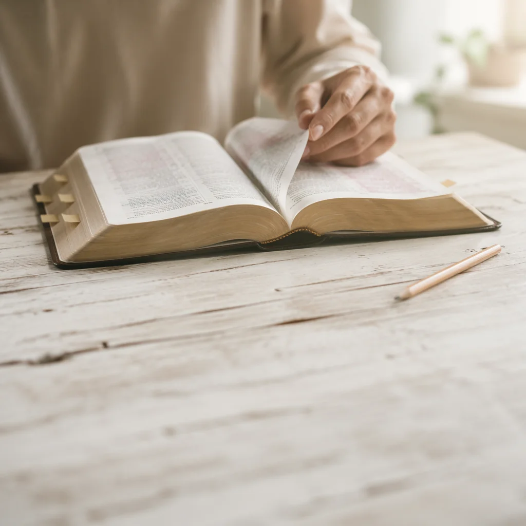 Open Bible with Hands in Soft Window Light