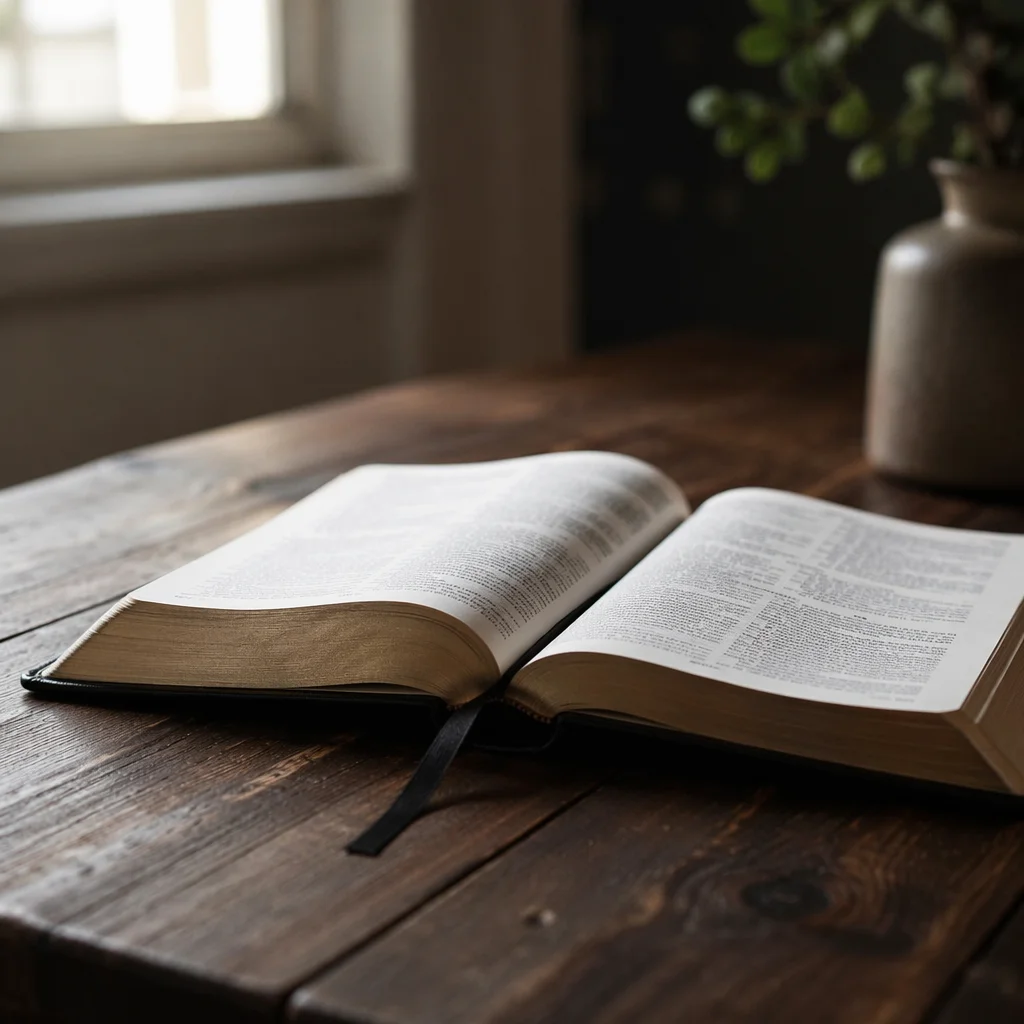 Open Bible on Rustic Wooden Table
