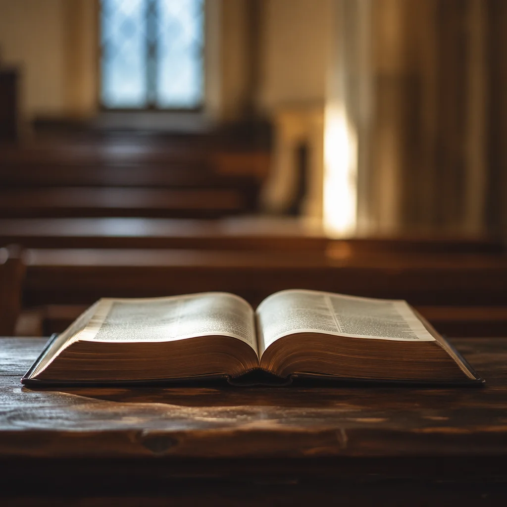Open Bible on Rustic Chapel Table